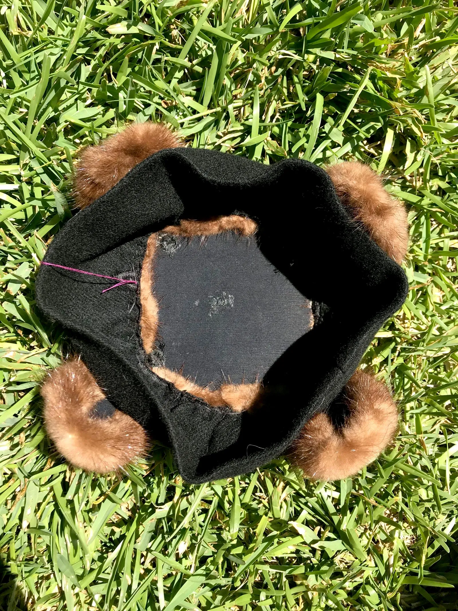 Vintage 50s | Black Felt Wool Fur Trim Fascinator Pin Up Party Pillbox Hat