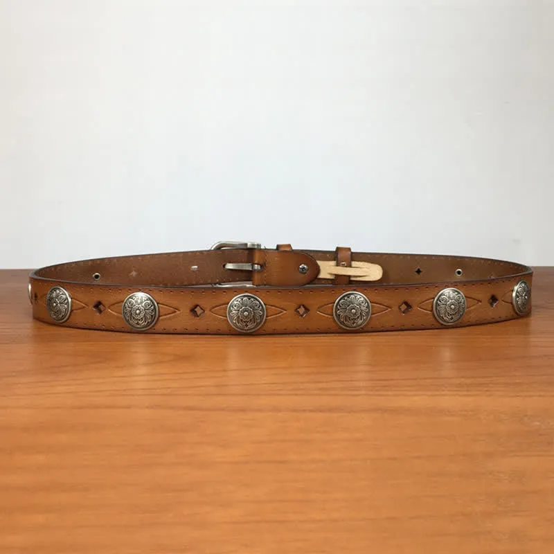 Vintage Round Carving Flower Rivet Leather Belt