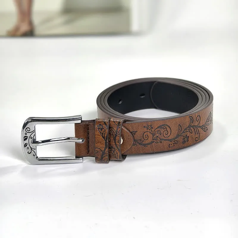 Women's Embossed Leaves Flowers Pattern Leather Belt