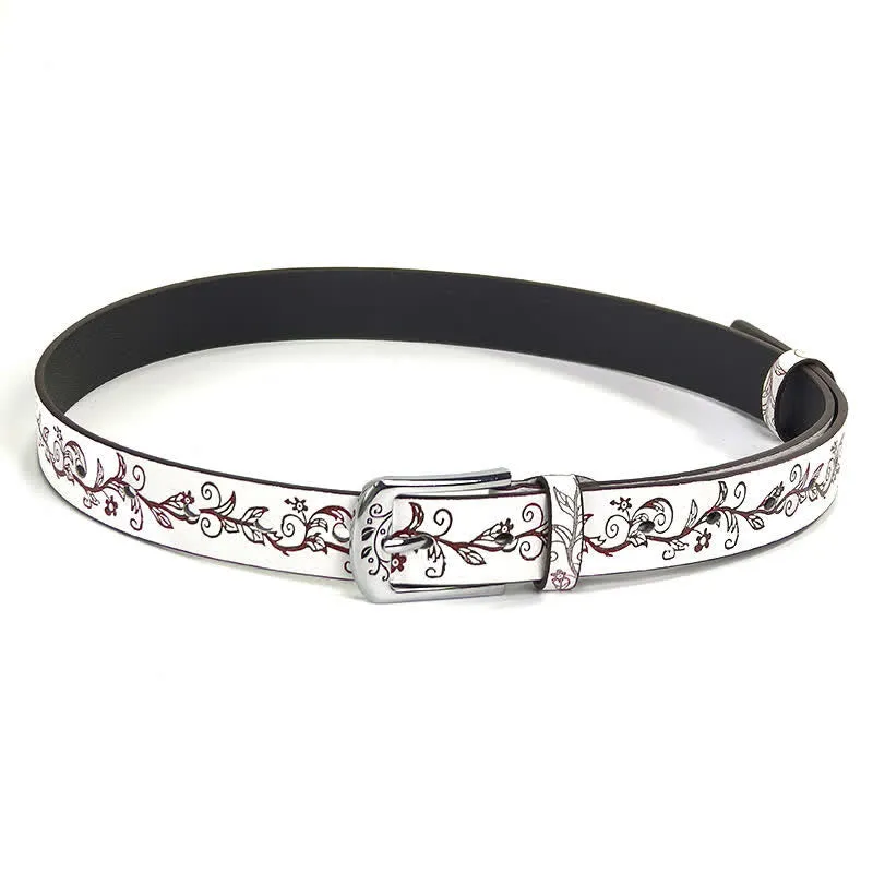 Women's Embossed Leaves Flowers Pattern Leather Belt