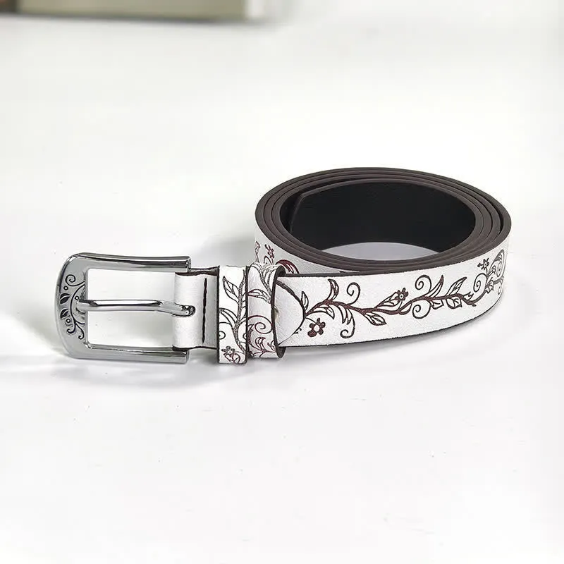 Women's Embossed Leaves Flowers Pattern Leather Belt