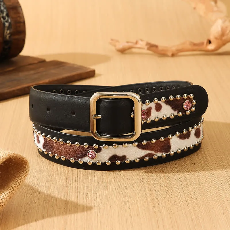 Women's Imitation Leopard Furs Black Leather Belt