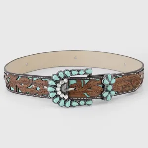 Women's Turquoise Embossed Flower Western Leather Belt